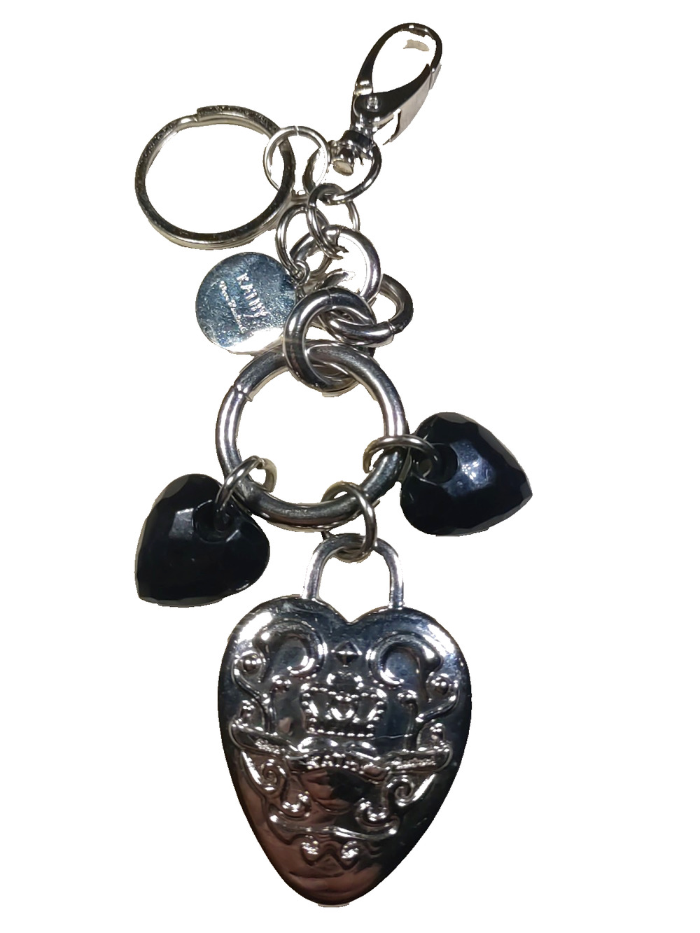 Kathy Van Zeeland Keychain Purse Clip Silver Tone Black Hearts Large